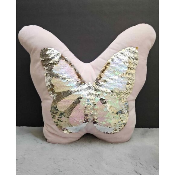 Butterfly Sequin Throw Pillow – Soft Pink 15" - Picture 1 of 5